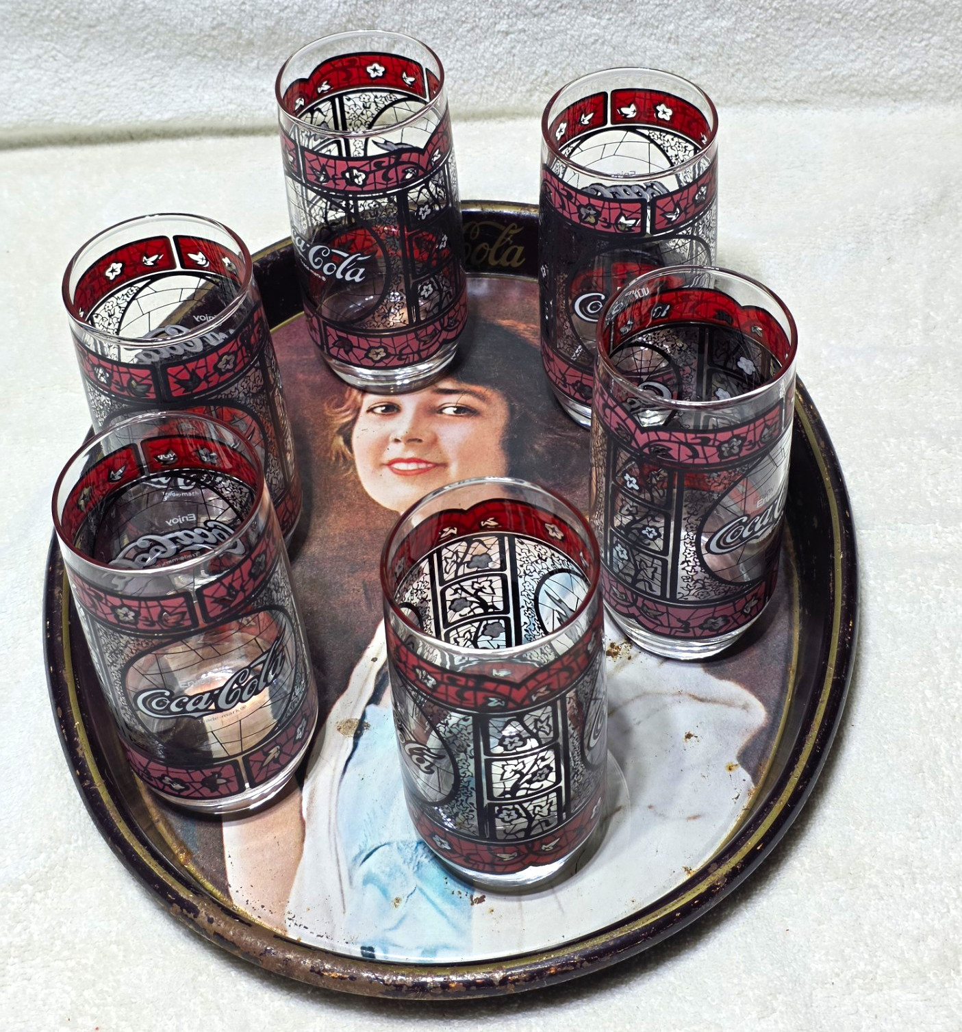 Vintage Coca-Cola Set: Oval Metal Serving Tray + 6 Stained Glass Style Glasses