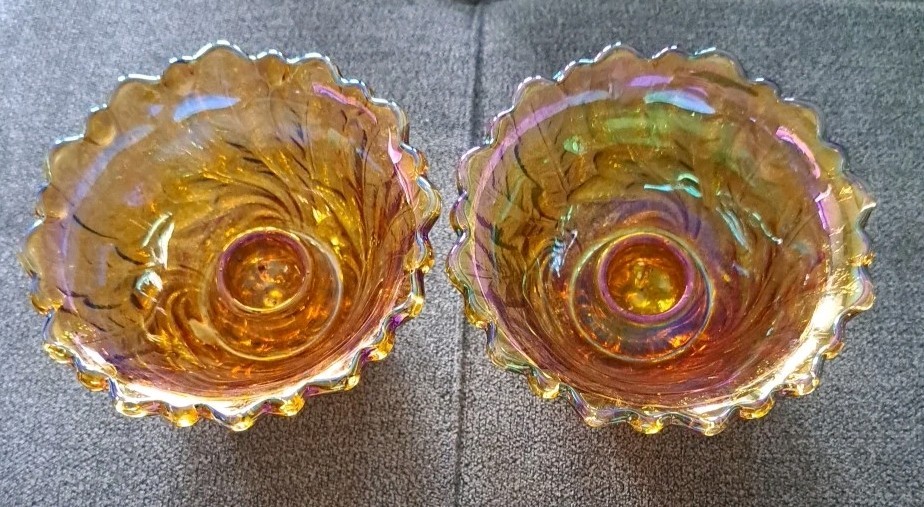 Vtg Indiana Carnival Glass Marigold Iridescent Wild Rose Set Of 2 Candleholders Vtg Indiana Carnival Glass Marigold Iridescent Wild Rose Set Of 2 Candleholders