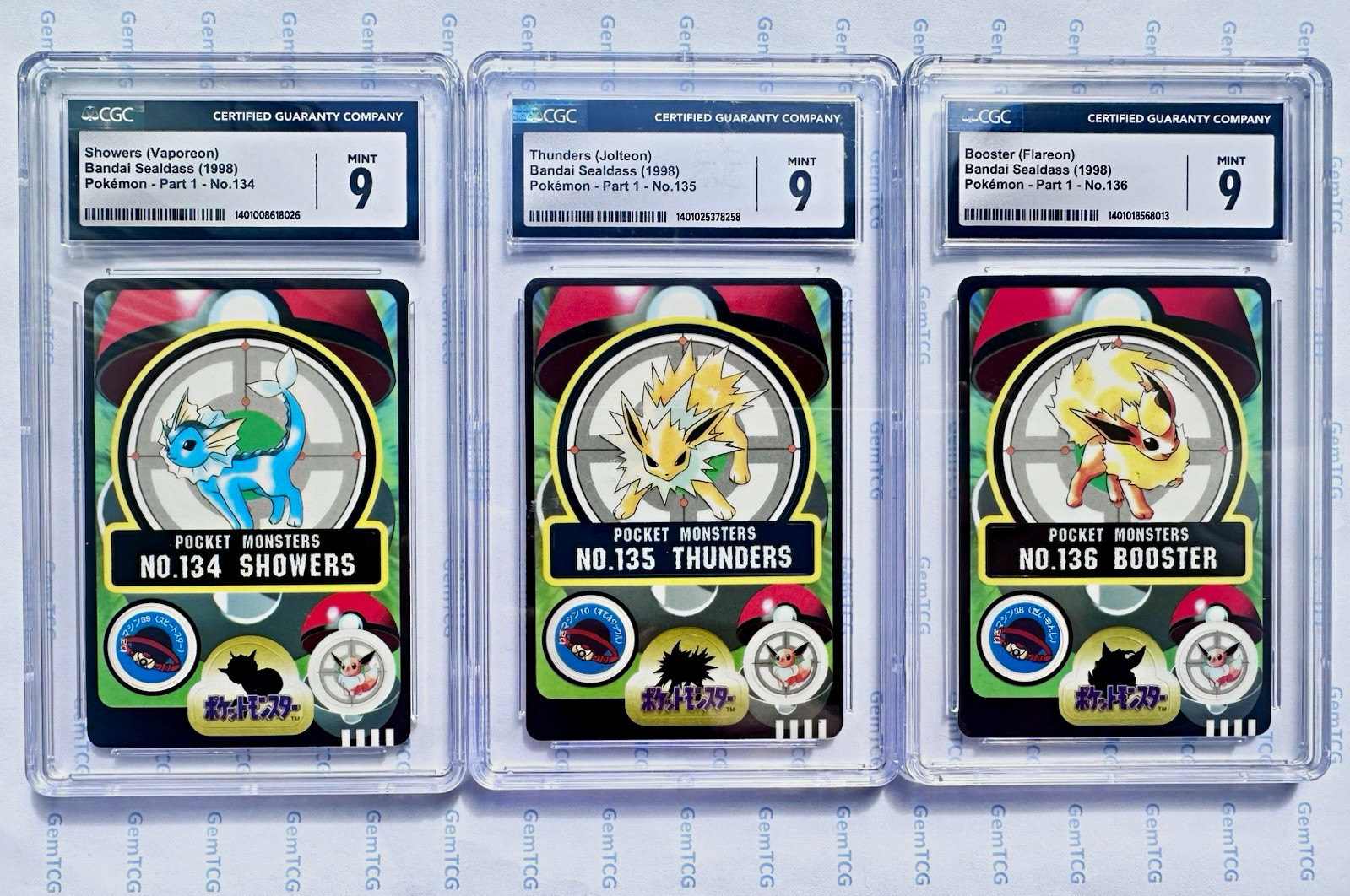 1998 Vintage Pokémon Set CGC 9 Sealdass Vaporeon 134 Jolteon 135 Flareon 136