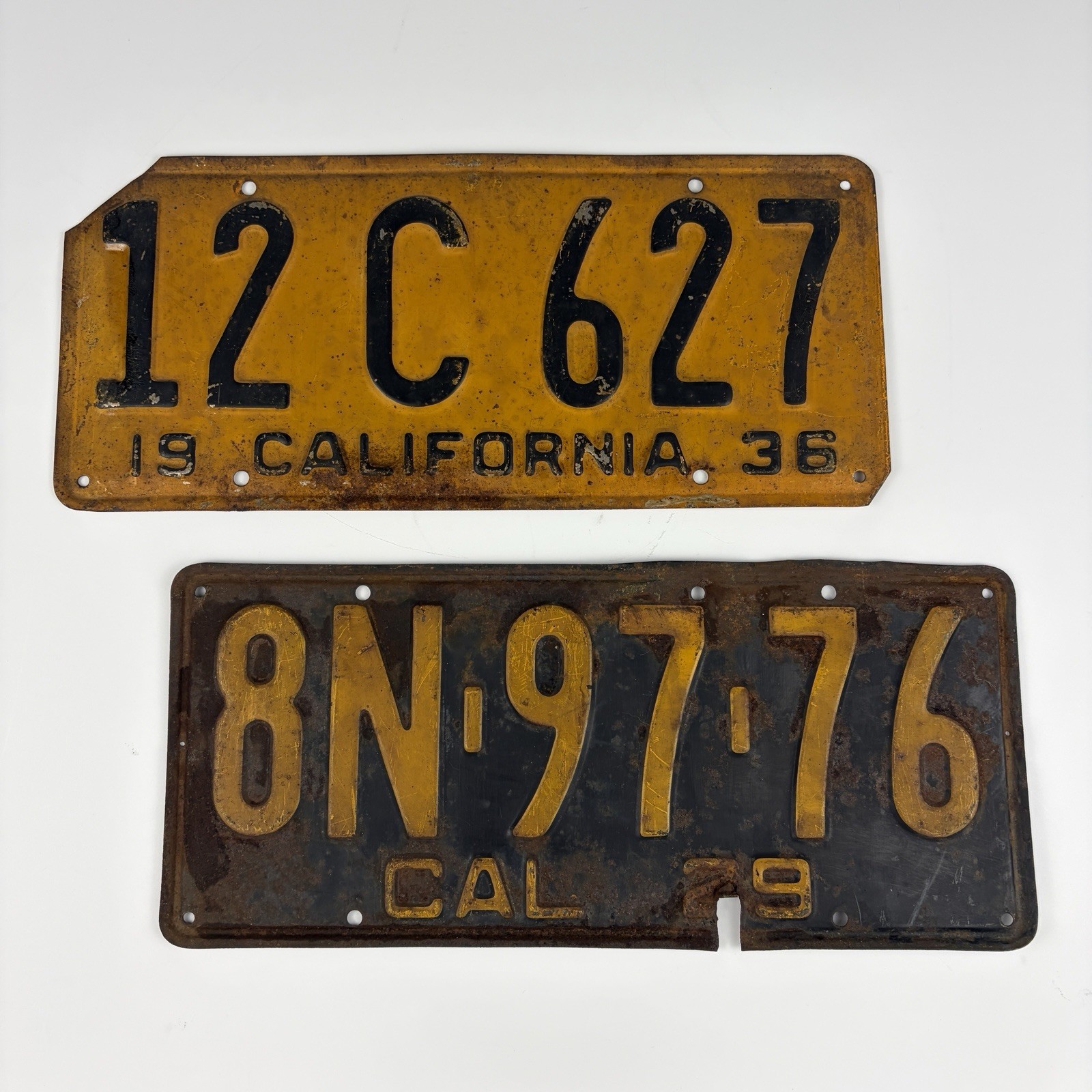 2 Antique California License Plates. 1929 & 1936 Original Yellow