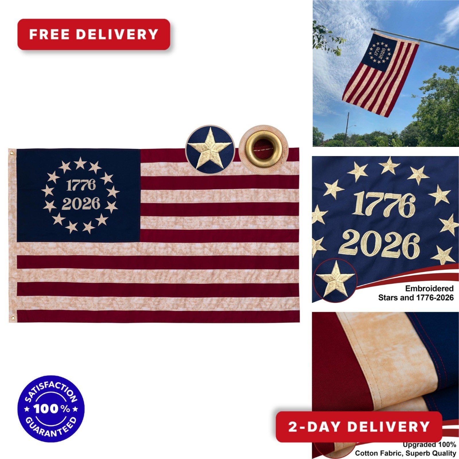 Vintage Betsy Ross Flag 3x5 ft Cotton 250th Anniversary USA Flag Vintage Betsy Ross Flag 3x5 ft Cotton 250th Anniversary USA Flag