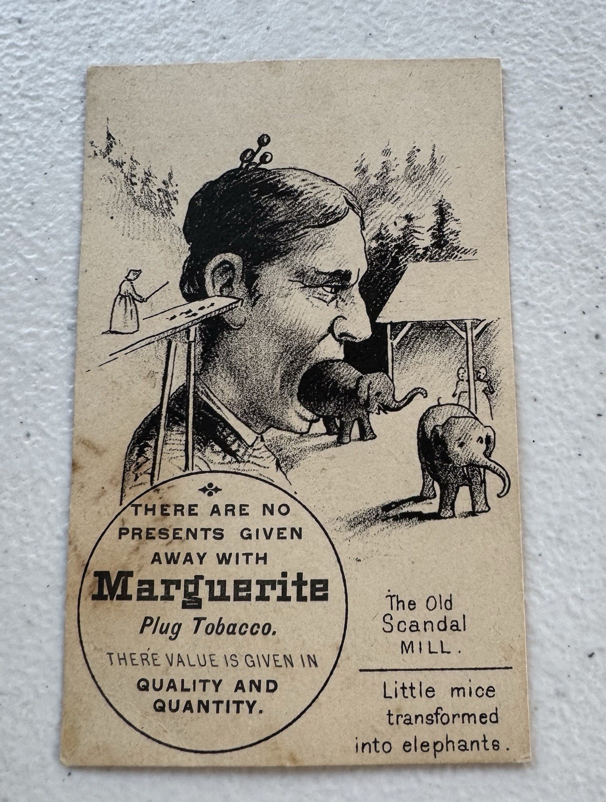 Antique Marguerite Plug Tobacco Trade Card Surreal Mice Elephant Mouth Mill VTC