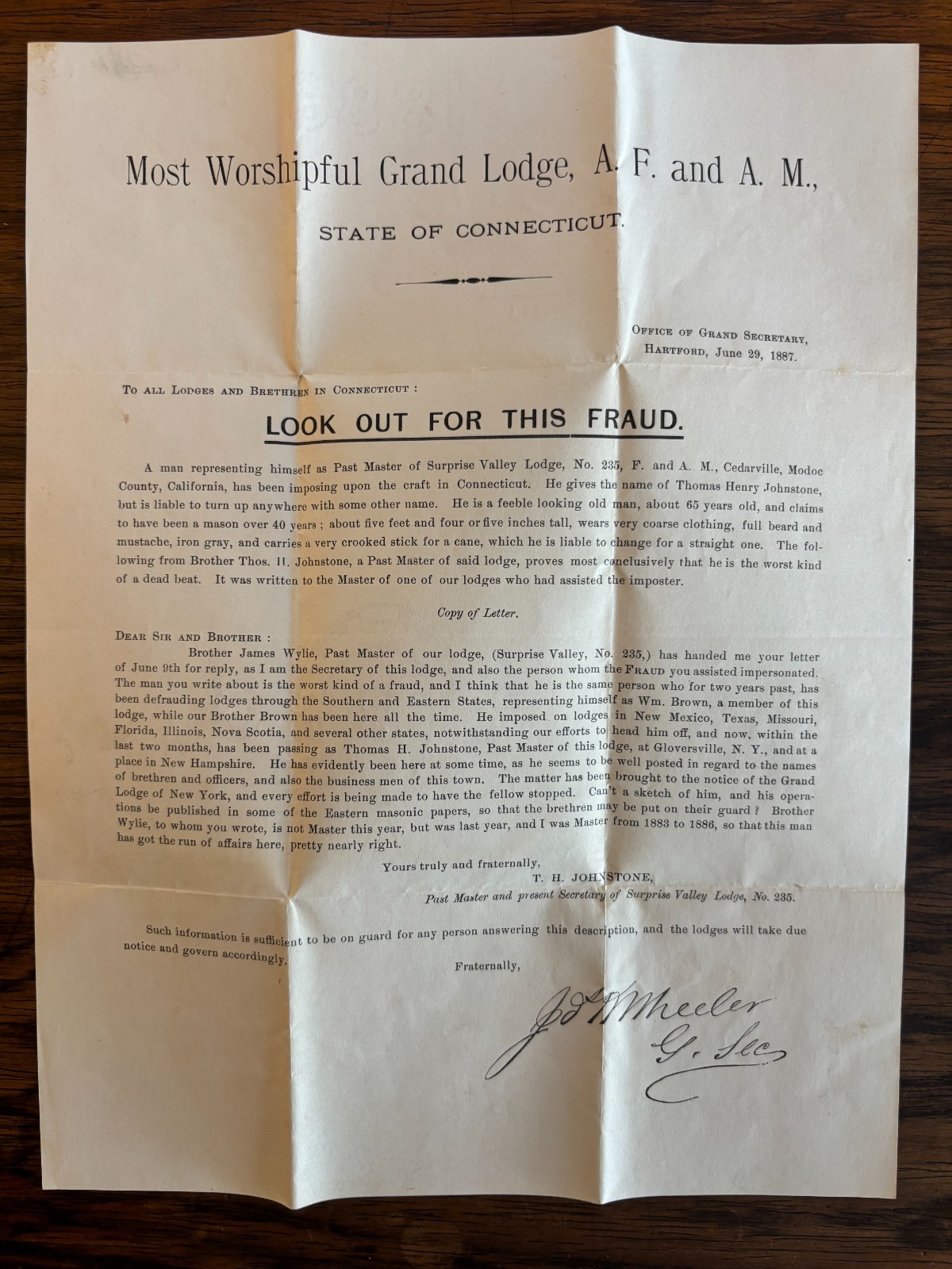1887 CONNECTICUT MASONIC BROADSIDE IMPOSTER 