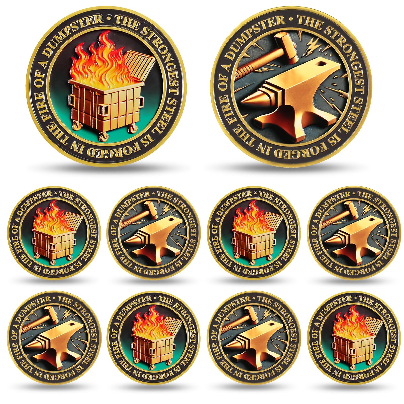 10Pcs Original Dumpster Fire Challenge Coin - Strong Steel Mini Dumpster Fire