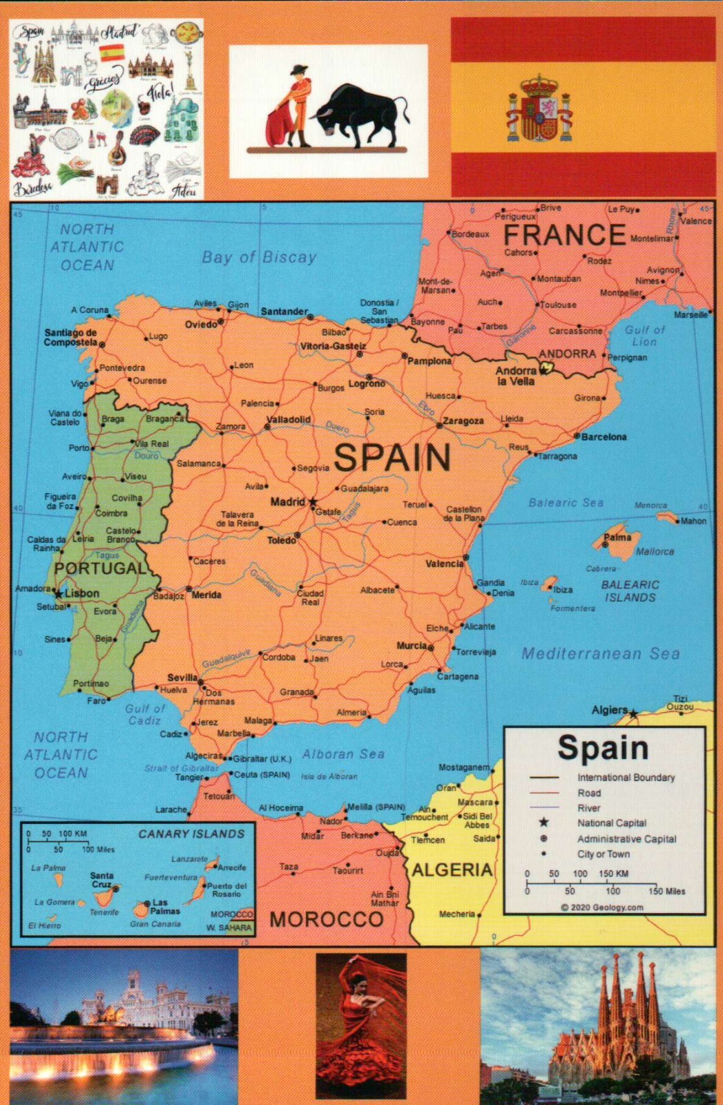 Map of Spain, Flag, Flamenco, Bull Fighting, Madrid Barcelona etc. --- Postcard Map of Spain, Flag, Flamenco, Bull Fighting, Madrid Barcelona etc. --- Postcard