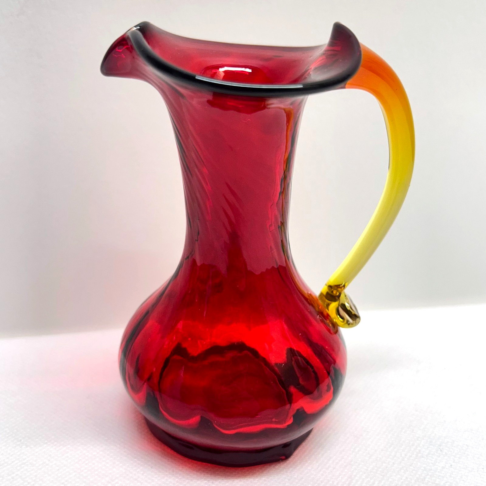 VTG Amberina Red Yellow Art Glass Ruffle Rim Creamer Pitcher Vase UV Glow 4.75