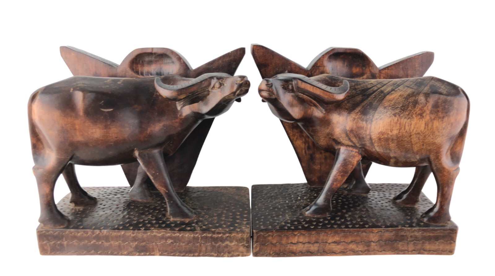 Hand Carved Philippines Carabao Water Buffalo Solid Wood Pair Bookends Repaired