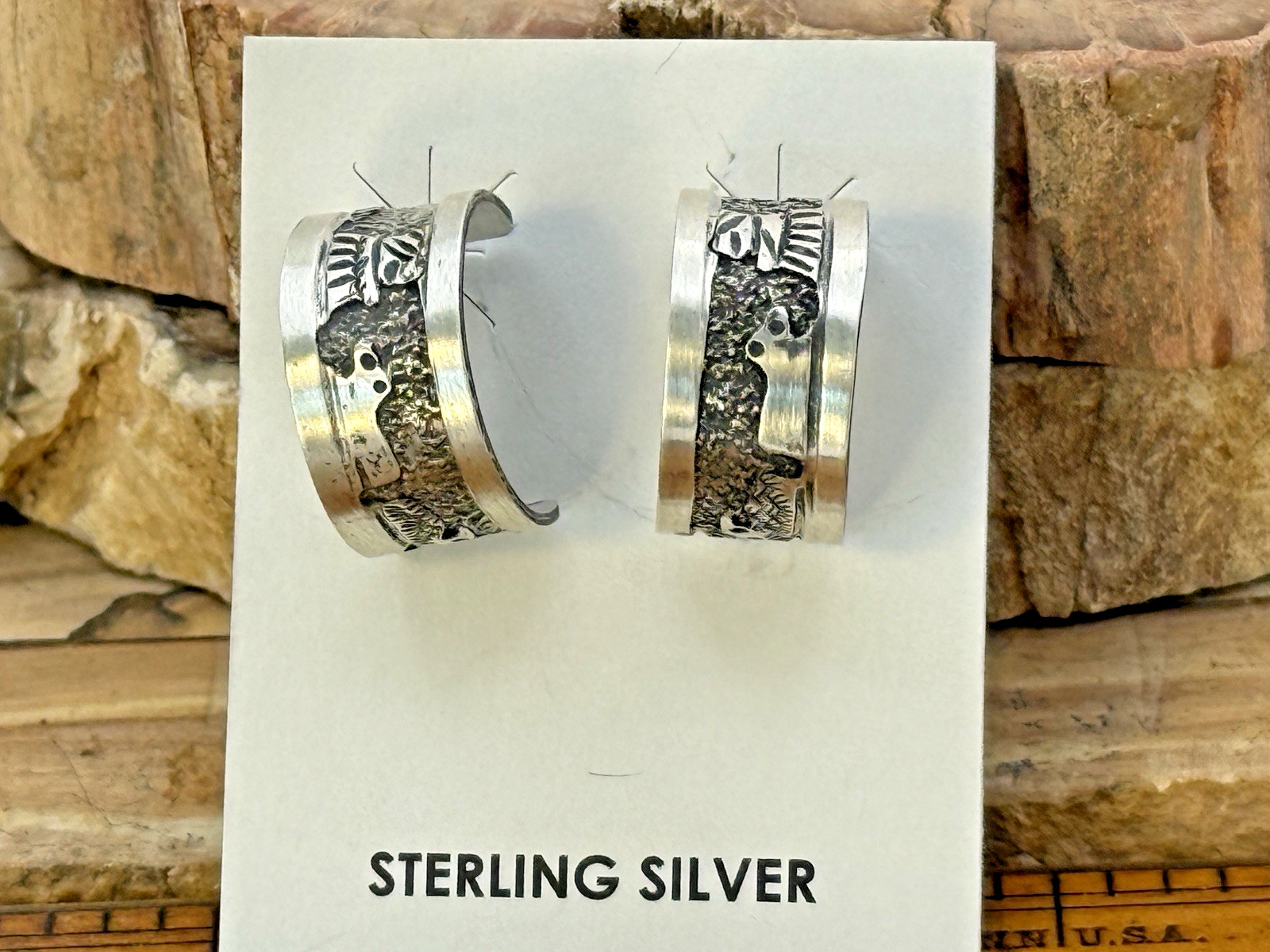 Elaine Becenti Navajo Sterling Silver Story Teller Half Hoop Earrings--1219.26