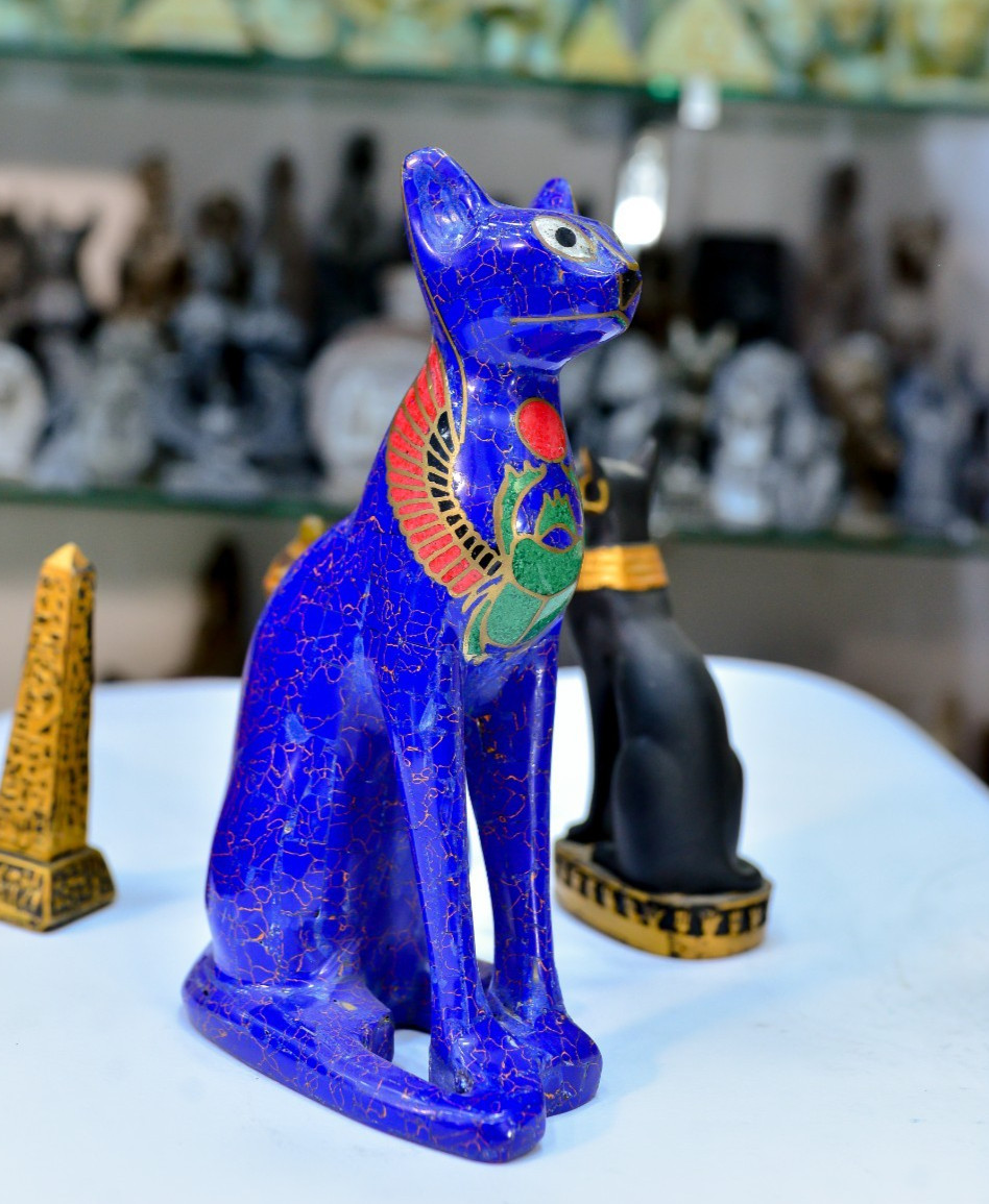 Amazing Gemstone Bastet Cat with Egyptian Scarab Pharaonic Handmade Statue