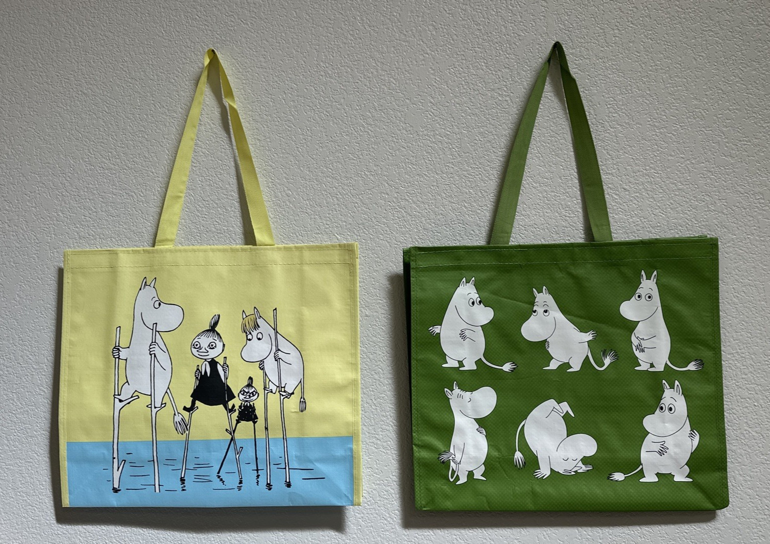 2 Moomin 16” x 14” Tote Shopping Bags Shoulder Bags Green Anniversary + Yellow