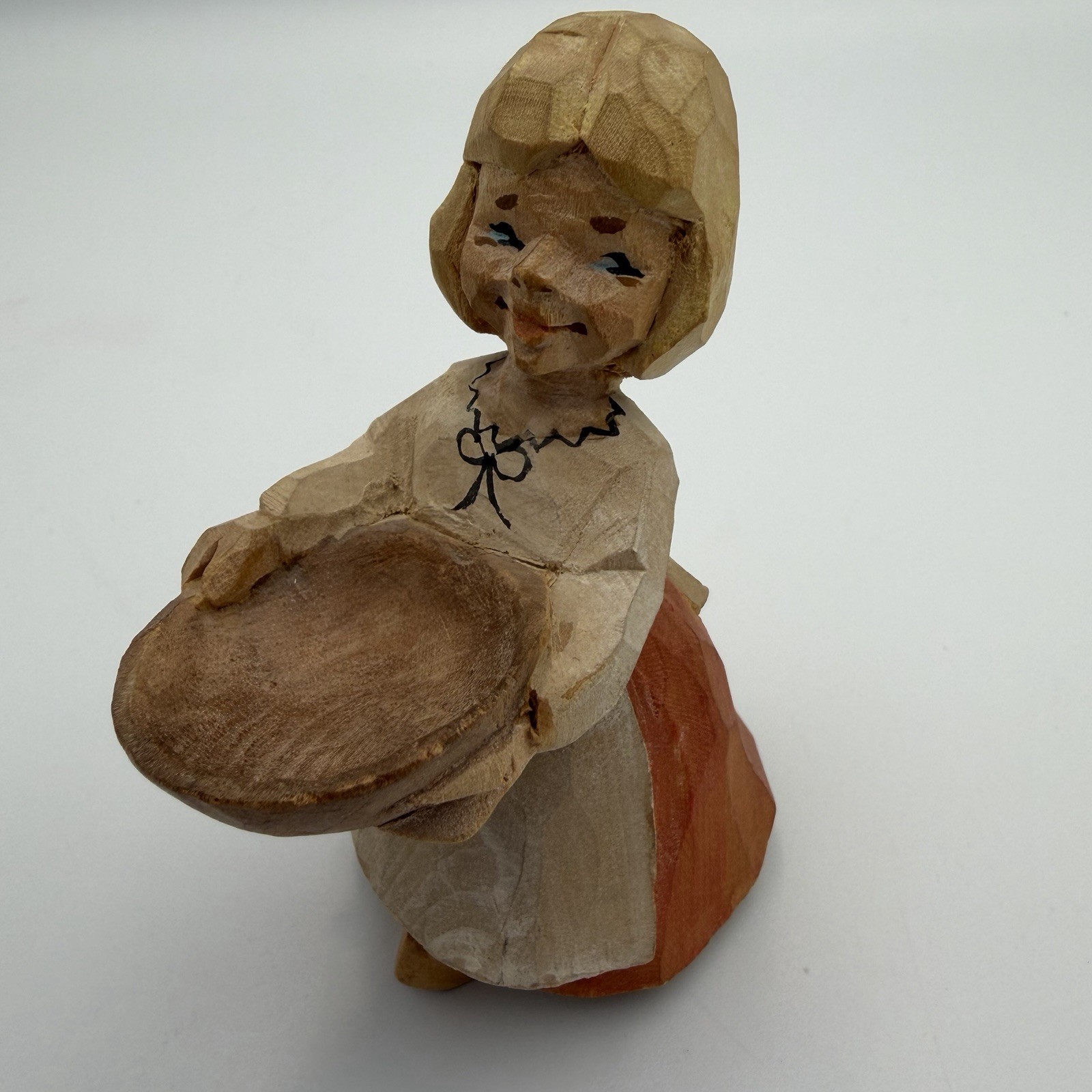 HENNING Hand Carved Wood FOLK ART Norway Girl with Bowl Figure Cottagecore