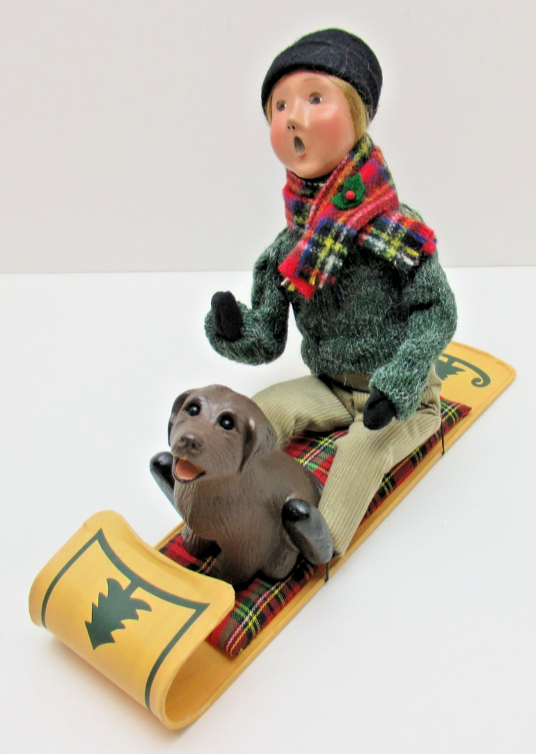 Byers Choice Caroler 2003 Boy and Dog on Toboggan (892 Edge Chipped