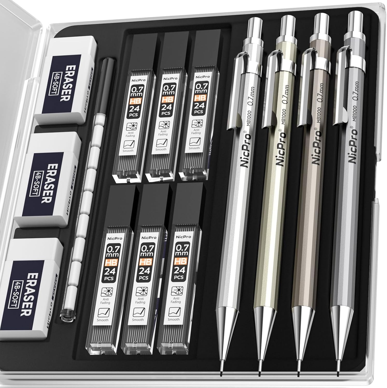 MB1000 Metal Mechanical Pencil Set, 4 Pack Mechanical Pencil 0.7mm