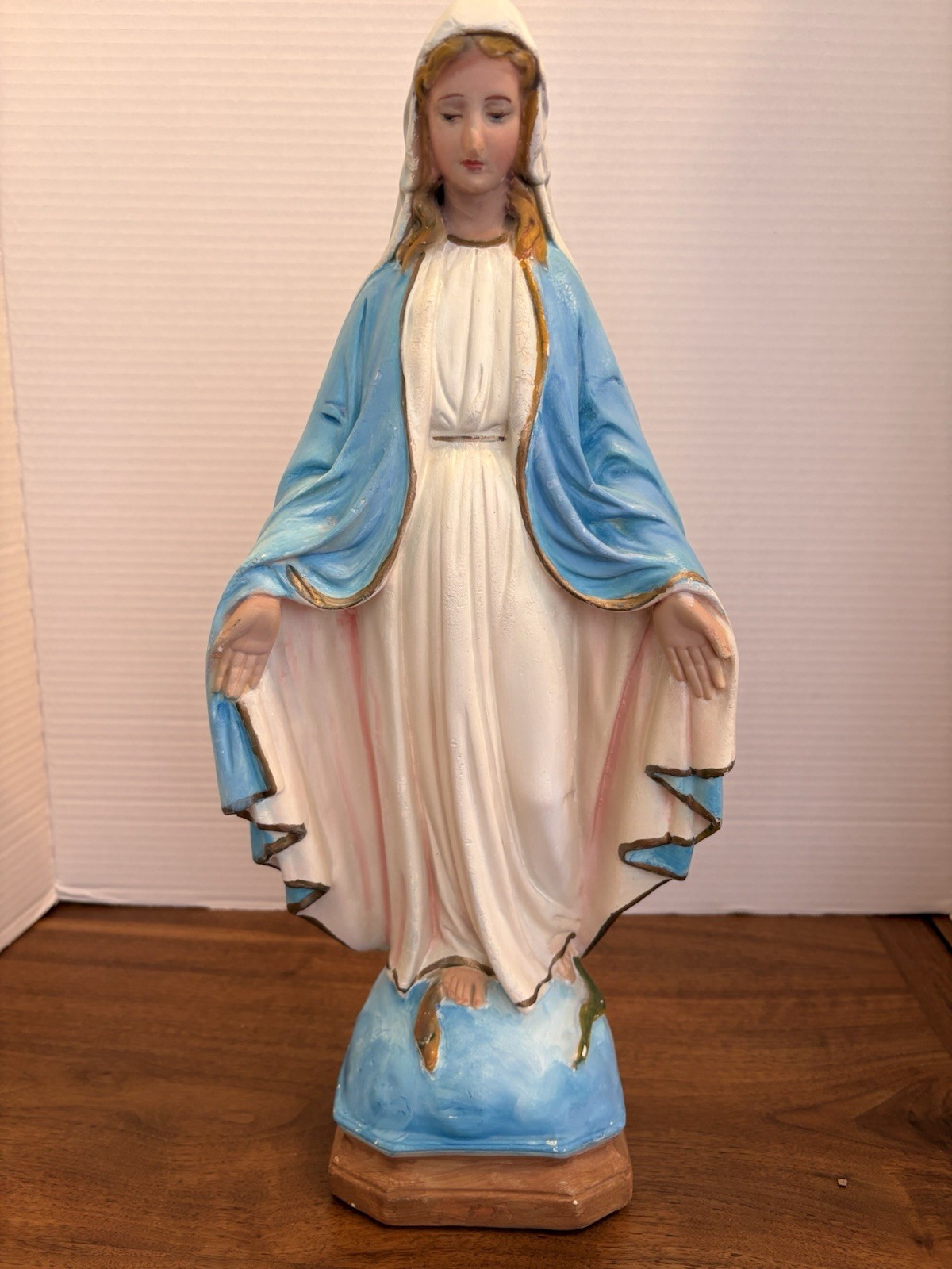 Hand-painted plaster statue of the Miraculous Madonna. 17”