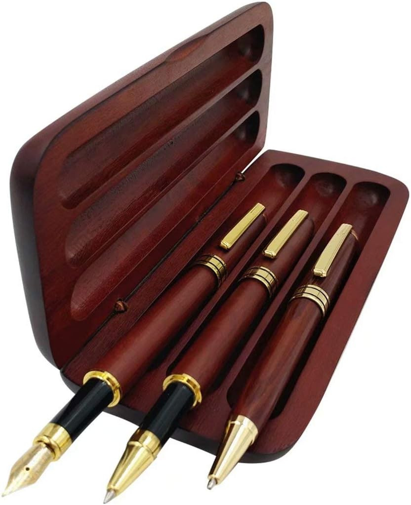 3 Pcs Wooden Pens Set with Gift Case/Best Writing Fountain Fancy Ballpoint Pen a