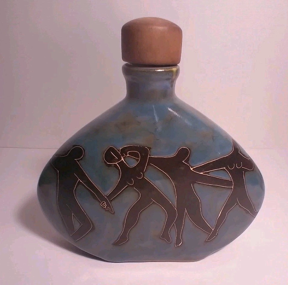 Vintage Mexico Art Pottery Decanter Graphic Free Form Dancers Barware Signed Vintage Mexico Art Pottery Decanter Graphic Free Form Dancers Barware Signed