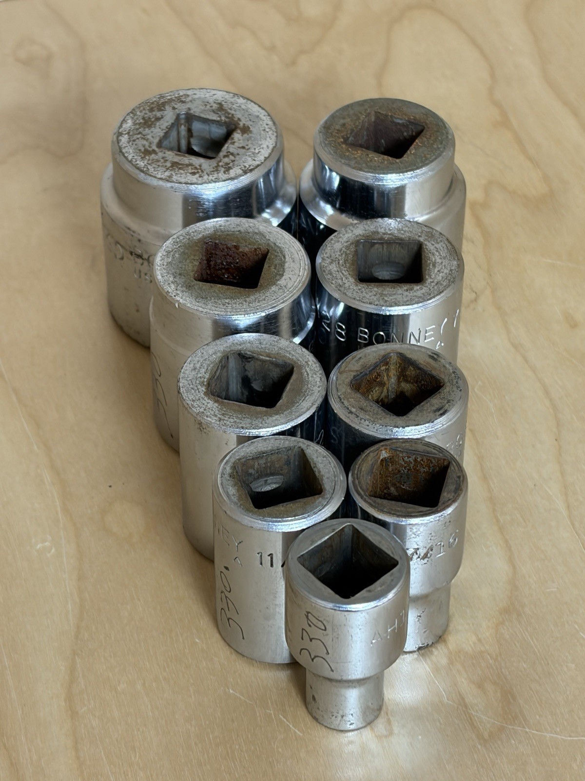 Bonney USA Socket Lot 9pc A40, 34, 32, 28, 26, AH22, 12, 24 ,14 All 1/2” Drive