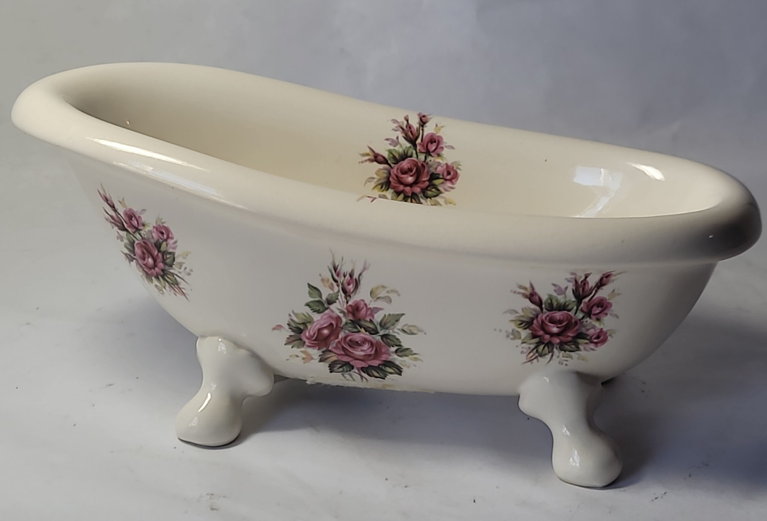 ATHENA VB Bathtub Clawfoot Bath Tub Soap Floral Dish Vanity Ceramic~ Pink Roses