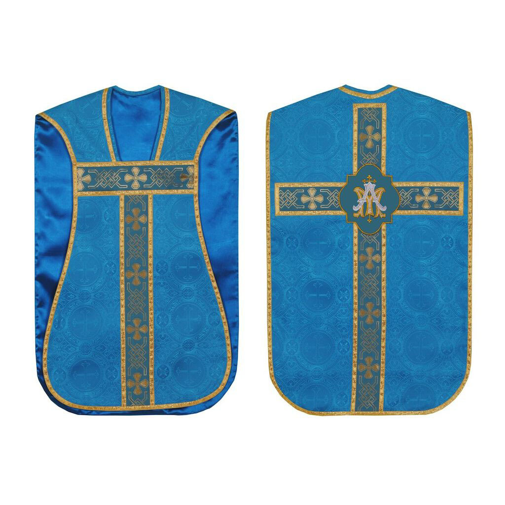 NEW Marian Blue Roman Fiddleback Chasuble, Fiddleback Vestment 5pcs Mass Set NEW Marian Blue Roman Fiddleback Chasuble, Fiddleback Vestment 5pcs Mass Set
