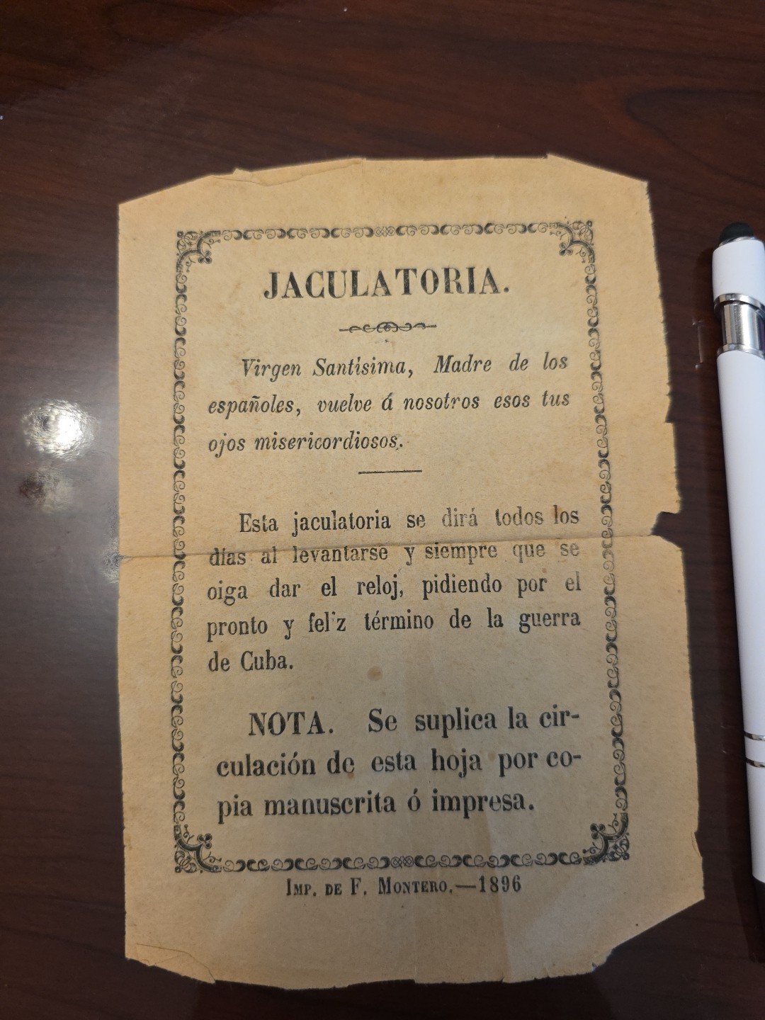Antique 1896 Spanish Prayer Card – Jaculatoria (Cuban War of Independence)