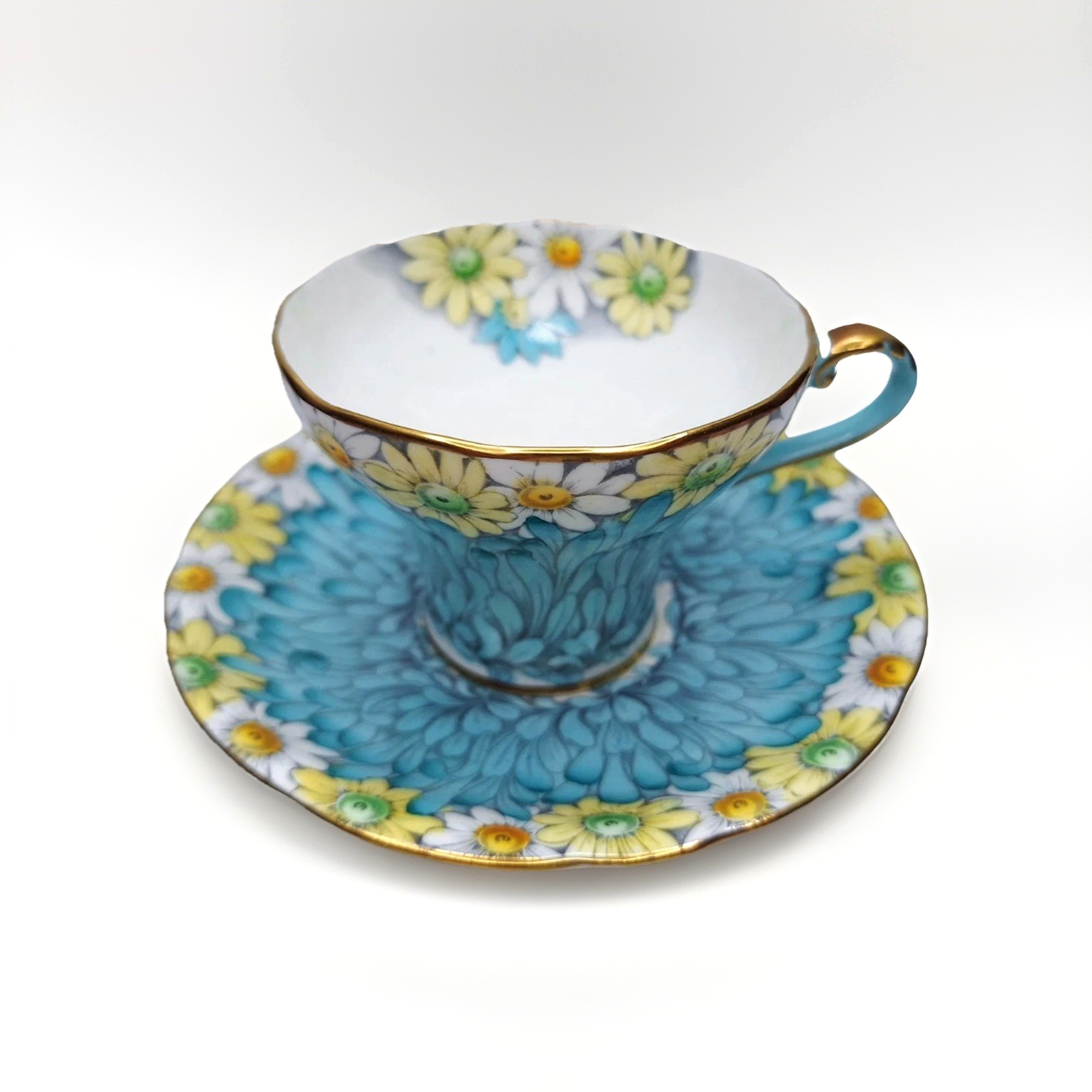 Vintage Aynsley Daisy Petals Chintz Turquoise Blue Corset Cup & Saucer