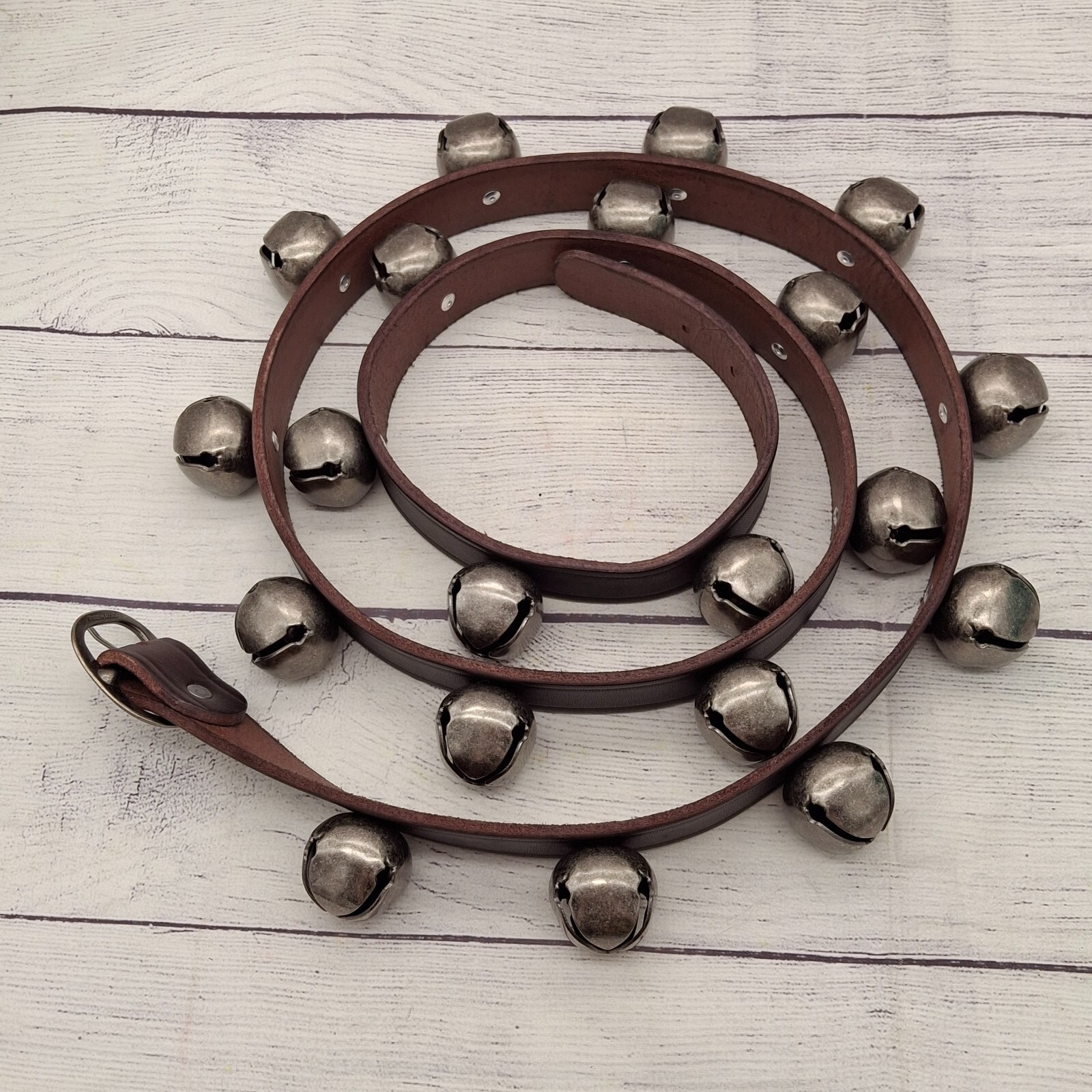 20-Bell Sleigh Bells, Antiqued Nickel Bells Dark Brown Leather Strap Horse Santa 20-Bell Sleigh Bells, Antiqued Nickel Bells Dark Brown Leather Strap Horse Santa