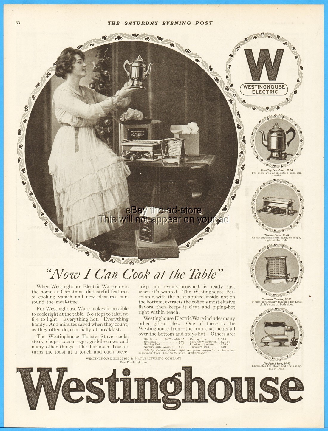 1916 Westinghouse Electric Iron Percolator Turnover Toaster Christmas Tree Ad