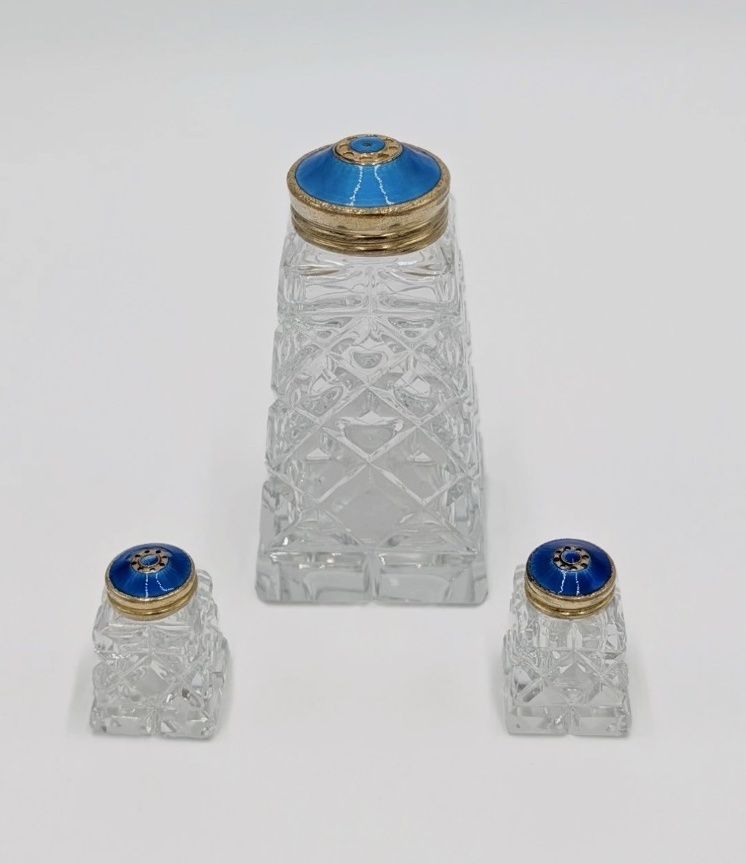 Vintage Norwegian Cut Glass Salt Pepper & Sugar Shaker Set Blue Enamel Lids