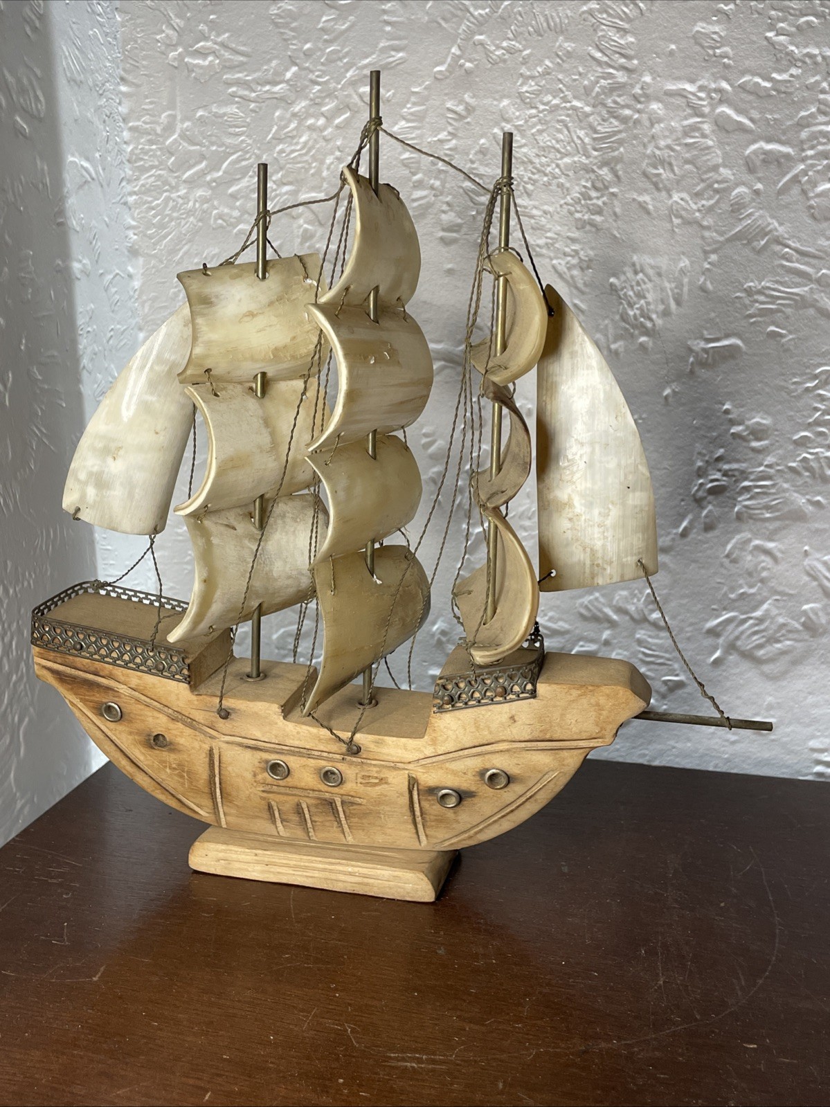 Vintage Wood Ship With 12 Sails Rigged w/wire Made From Steer Bone & Wood