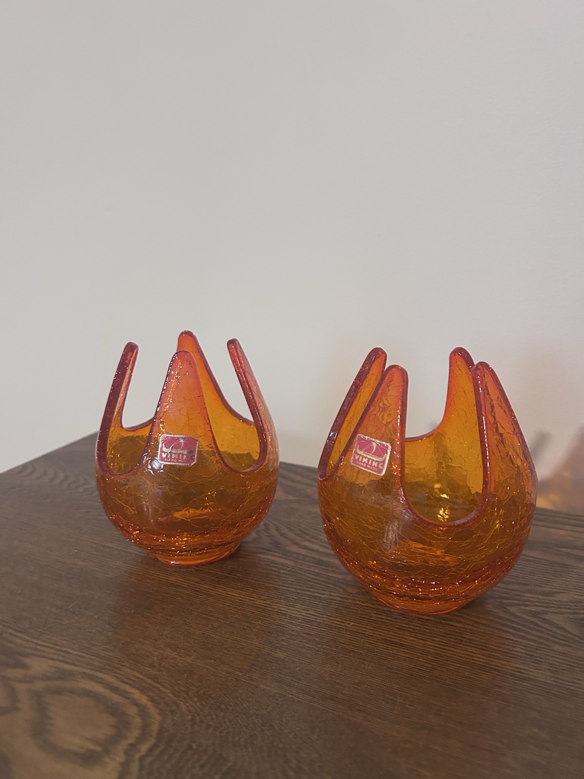 Vintage Viking Glass Persimmon Amberina Crackle Patio Lite Candle Holders Pair