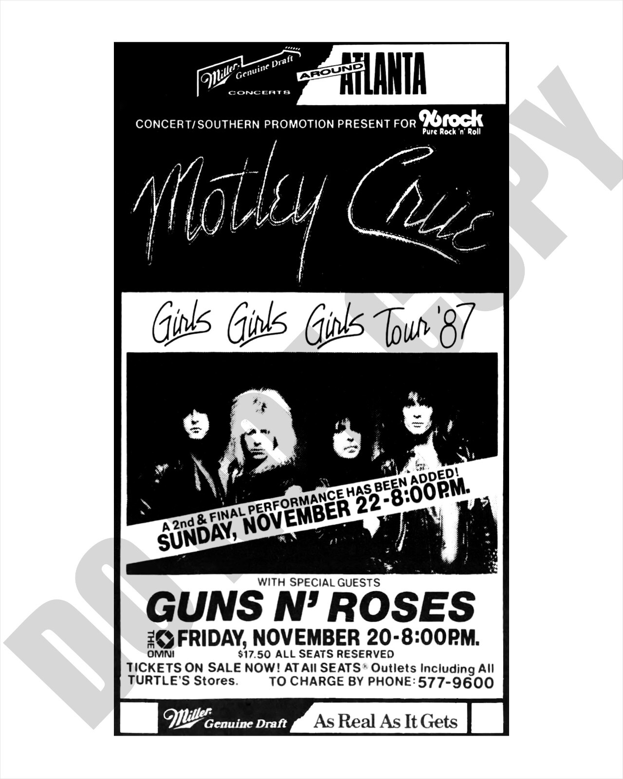 1987 Motley Crue Guns N\' Roses Concert at Omni Atlanta Newspaper Ad 8x10 Photo