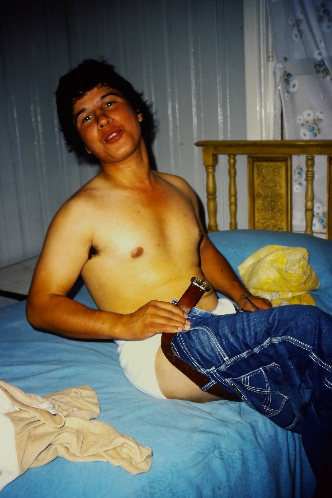 1970s Unknown Film 35mm Slide Young Man Portrait Denim Jeans Bedroom 1970s Unknown Film 35mm Slide Young Man Portrait Denim Jeans Bedroom
