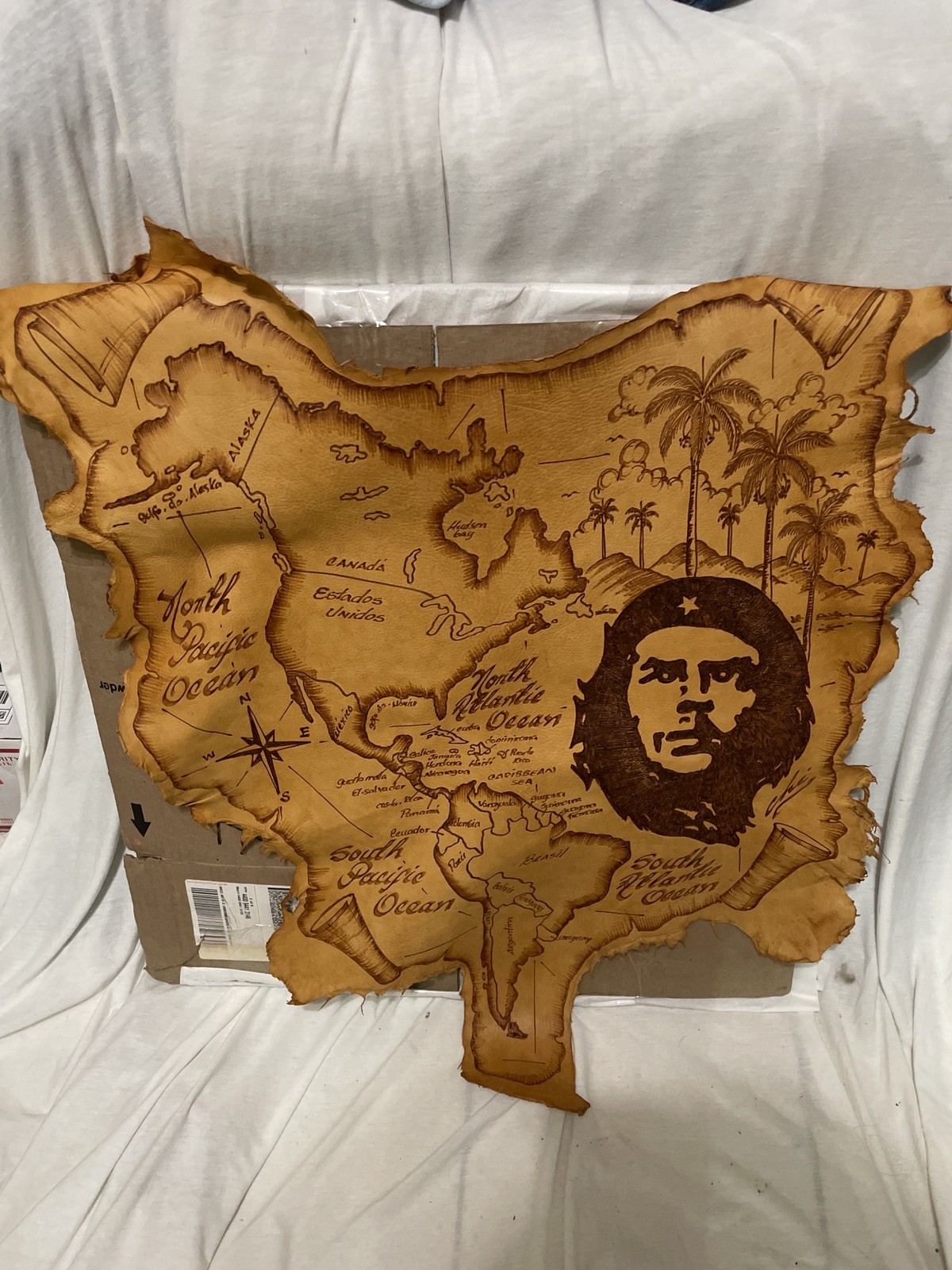 RARE Hand-Burned Leather Art Pyrography Cuba and Che Guevara 