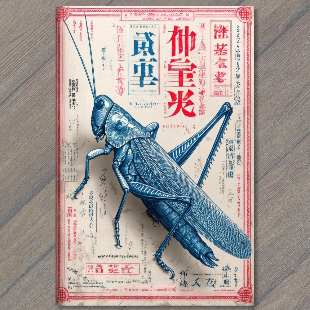POSTCARD Large Grasshopper Locust Insect Bug Entomology Japanese Kanji Red Blue
