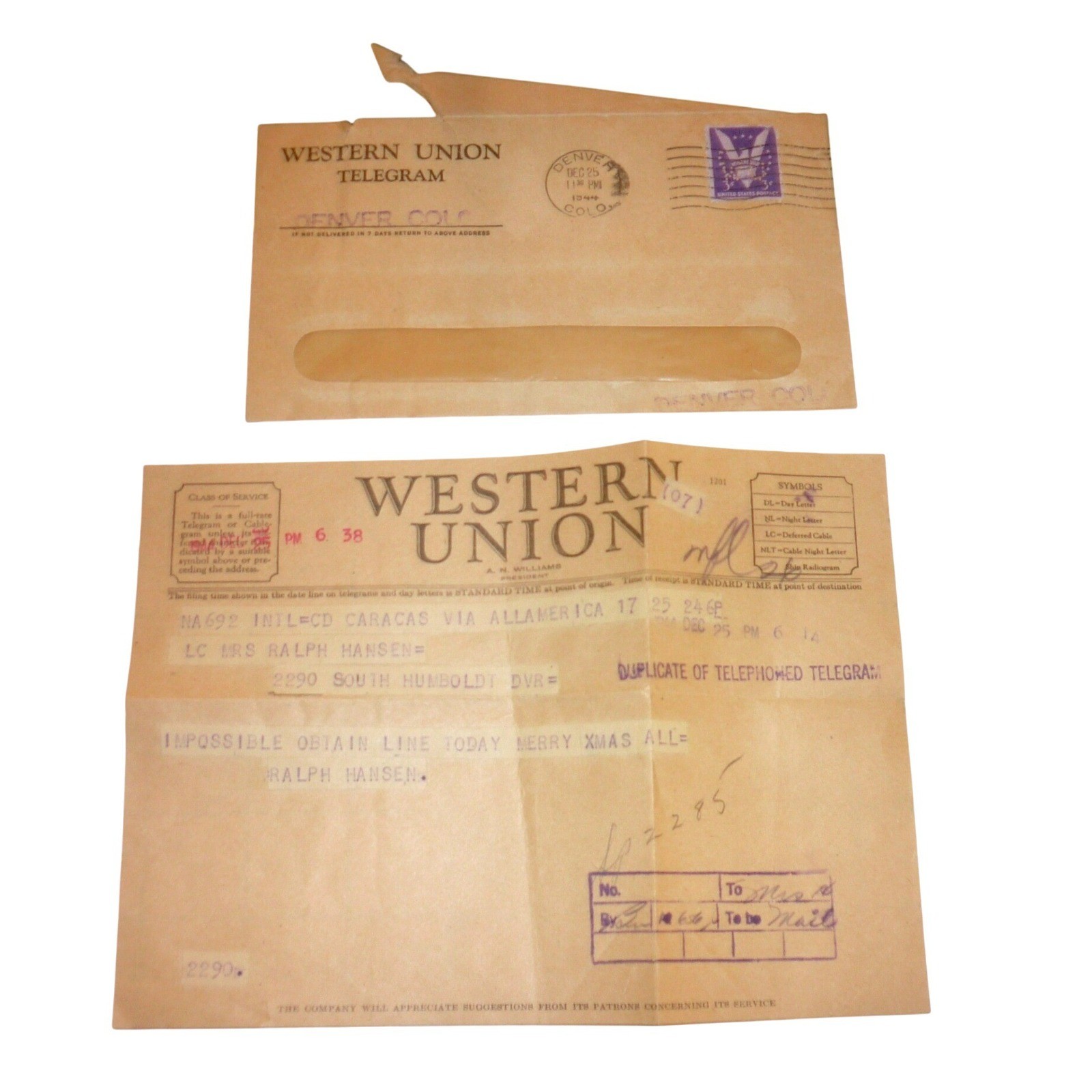 Vintage 1944 Western Union Telegram Christmas Caracas to Denver WWII Ephemera