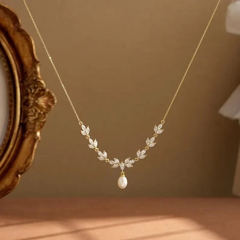 Dainty Freshwater Pearl with Diamond 18K Yellow Gold Over Leaf Bridal Necklace
