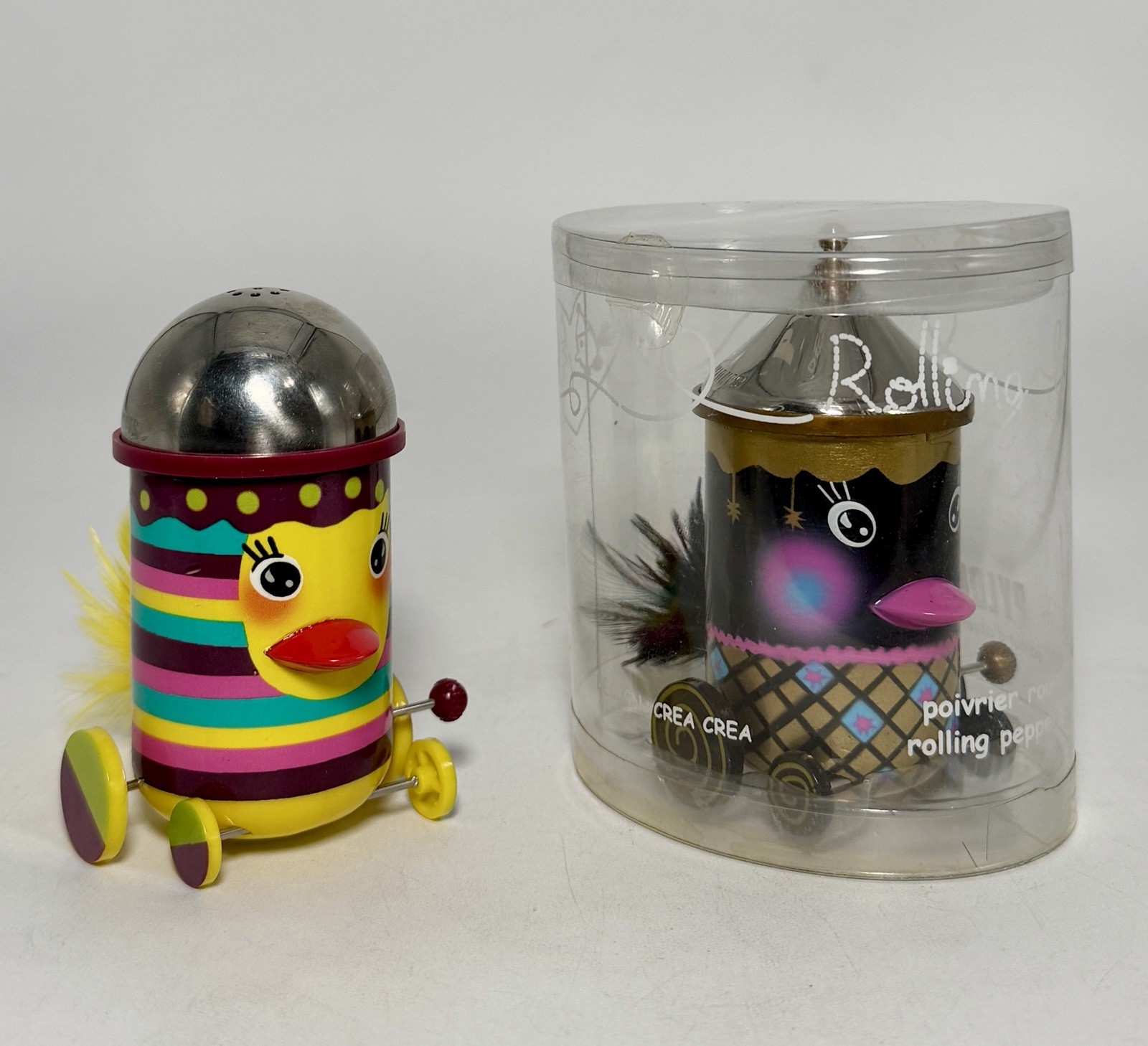 Pylones Paris Bird Salt Pepper Shaker Black Pot CREA CREA Yellow Stripe Set of 2
