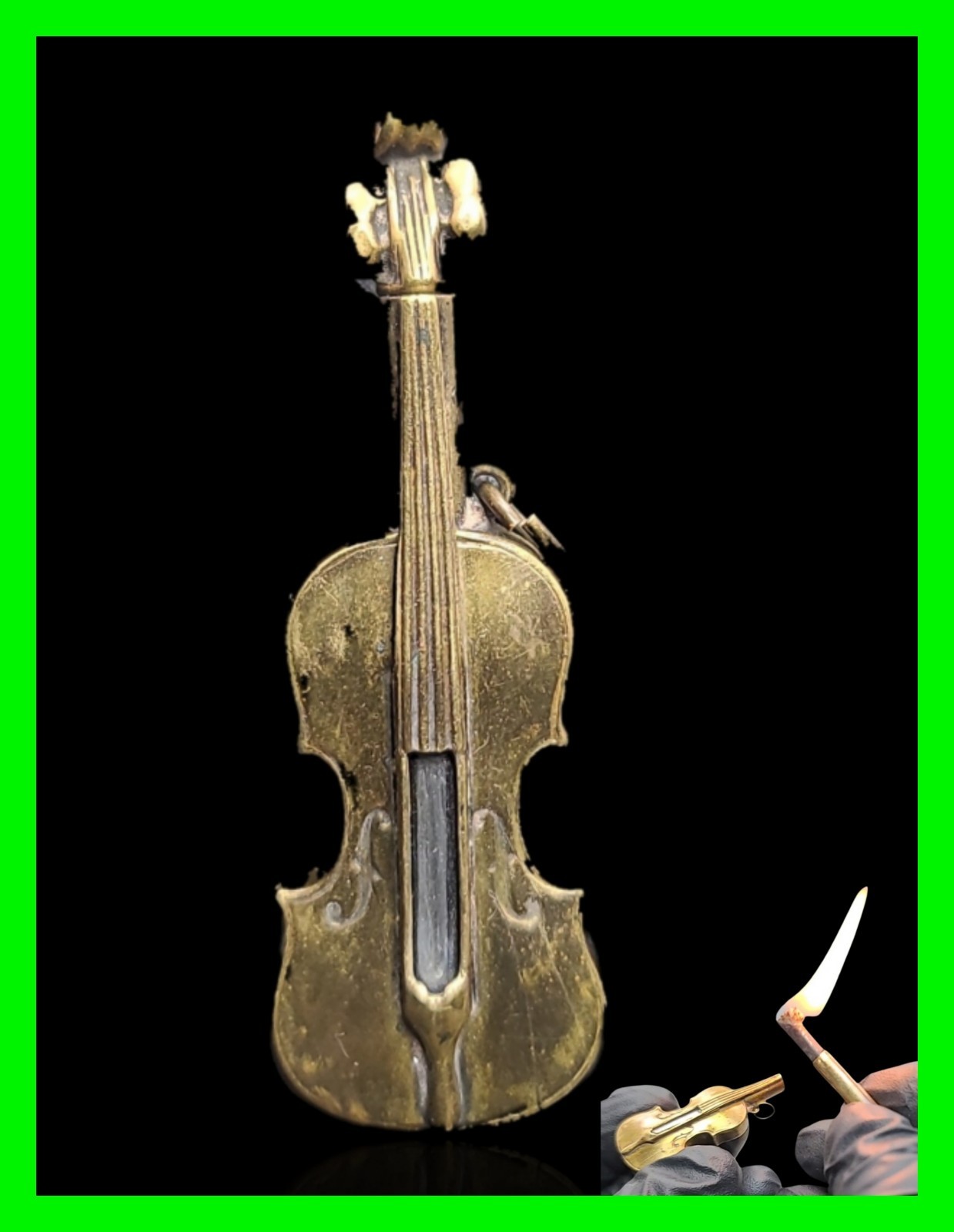 Antique Brass Violin Figural Permanent Match Pocket Striker Petrol Lighter RARE