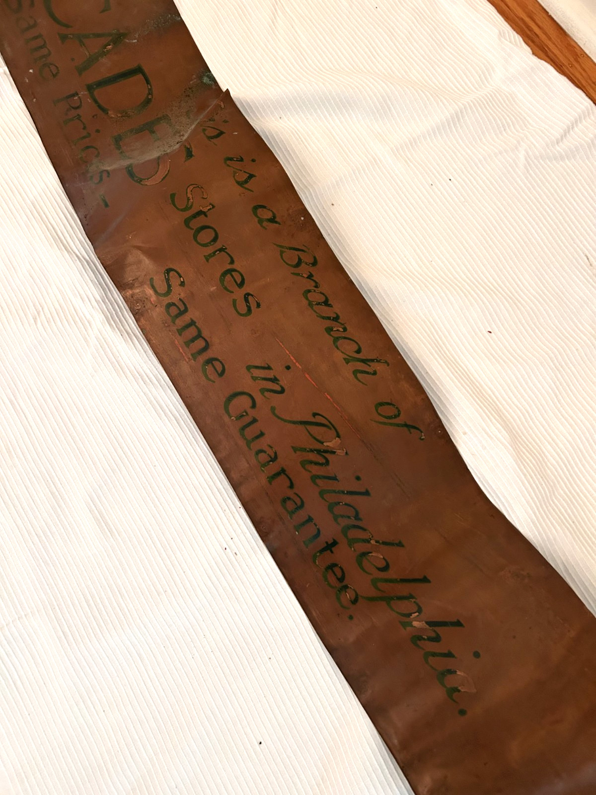 VINTAGE Cades Stores of PHILADELPHIA Copper Sign *Seasons Greetings* on reverse
