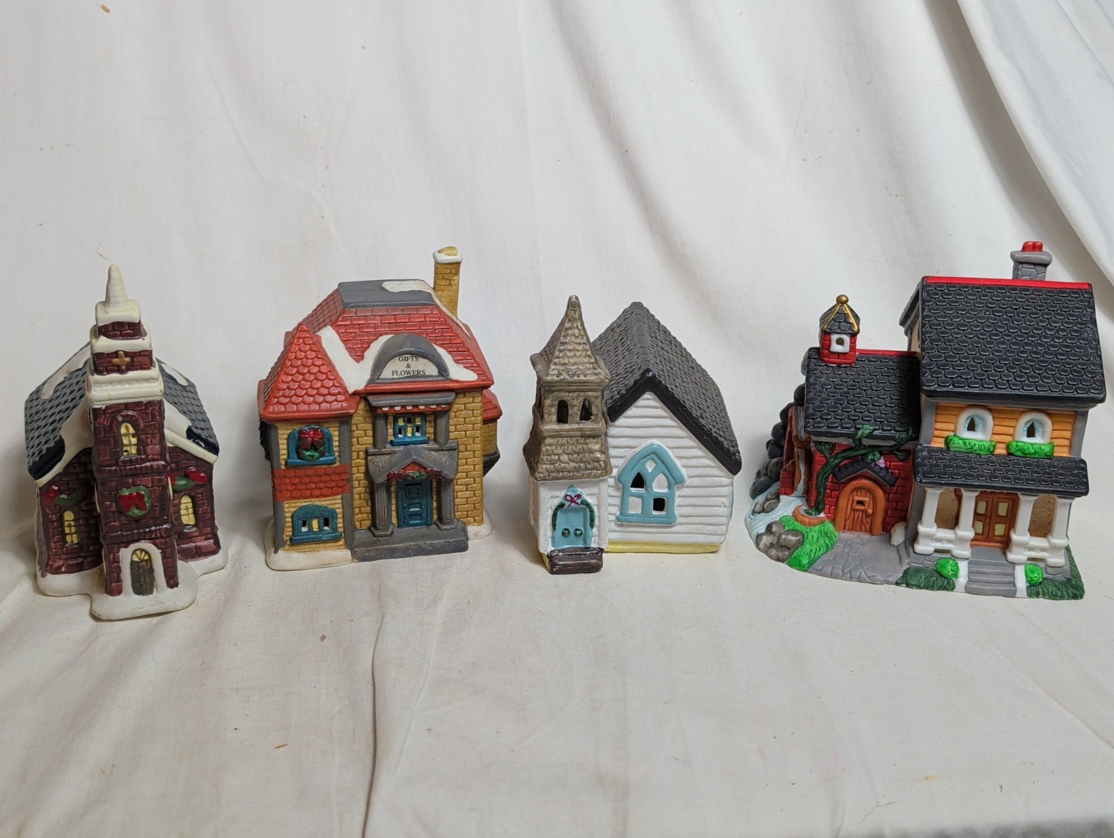 Christmas Village 4 SMALL Ceramic BUILDINGS Church Gift Shop 