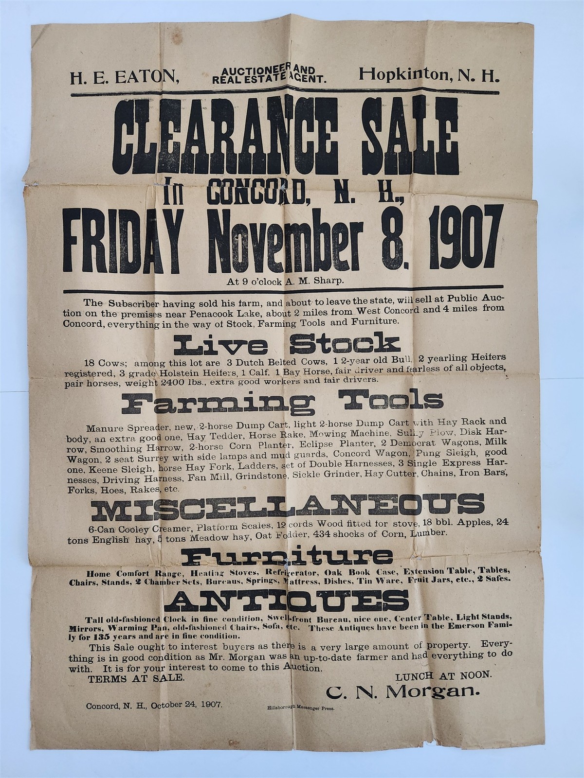 1907 antique CN MORGAN concord nh FARM AUCTION BROADSIDE Penacook Lake Emerson