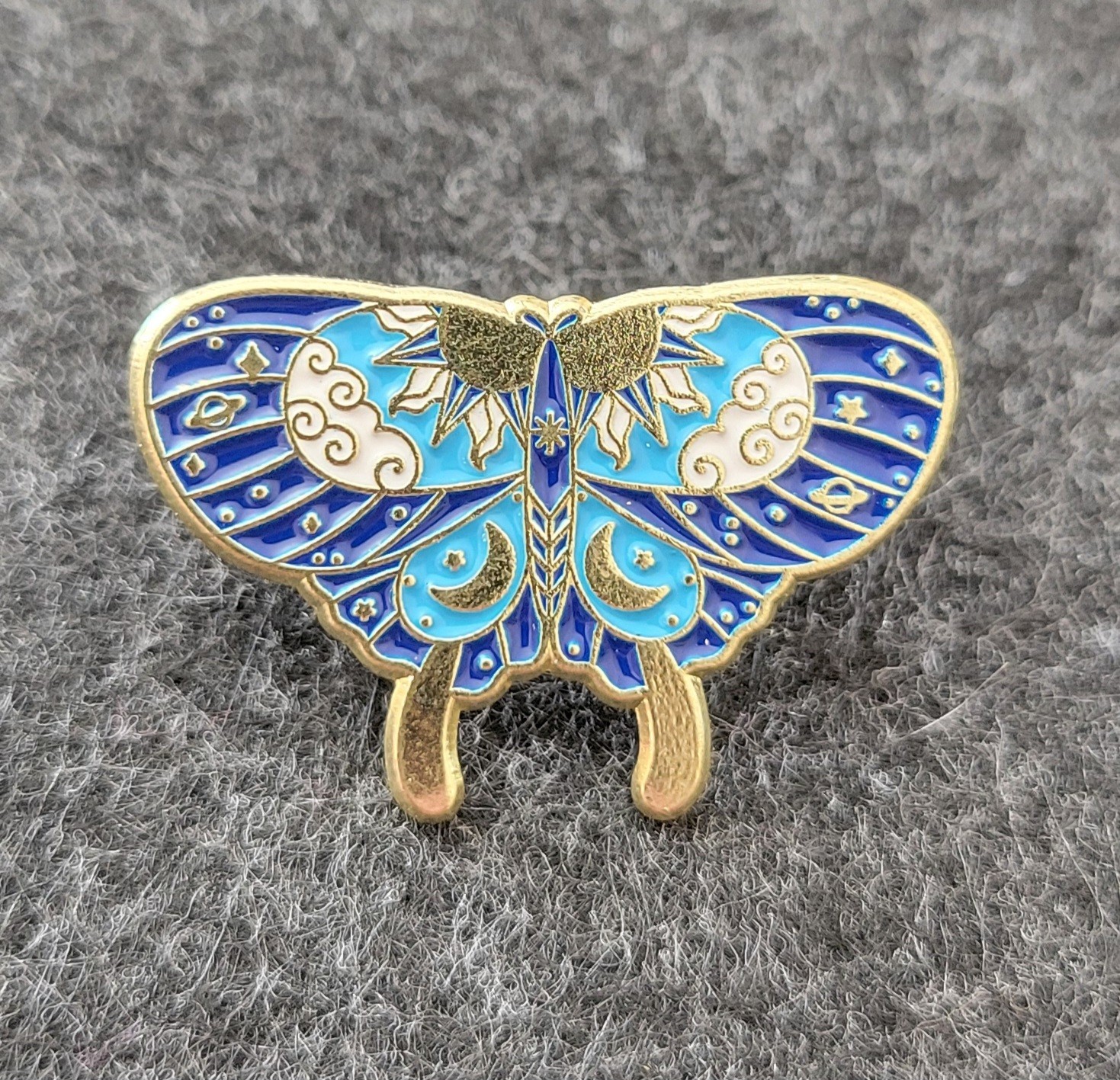 Celestial Butterfly / Moth Pin-  Gold Tone, Blue And White- New