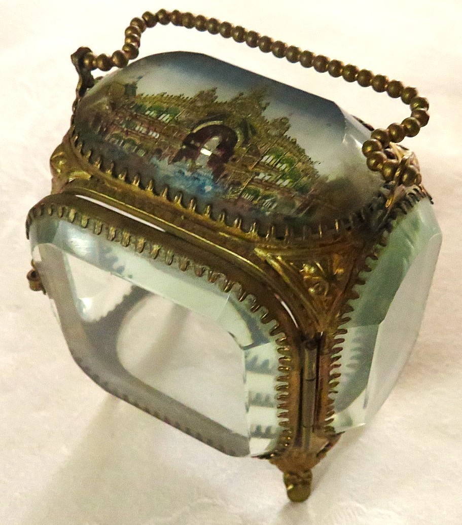 ANTIQUE GRAND TOUR SOUVENIR WATCH FOOTED BOX CASKET BEVELED GLASS ORMOLU EX-COND