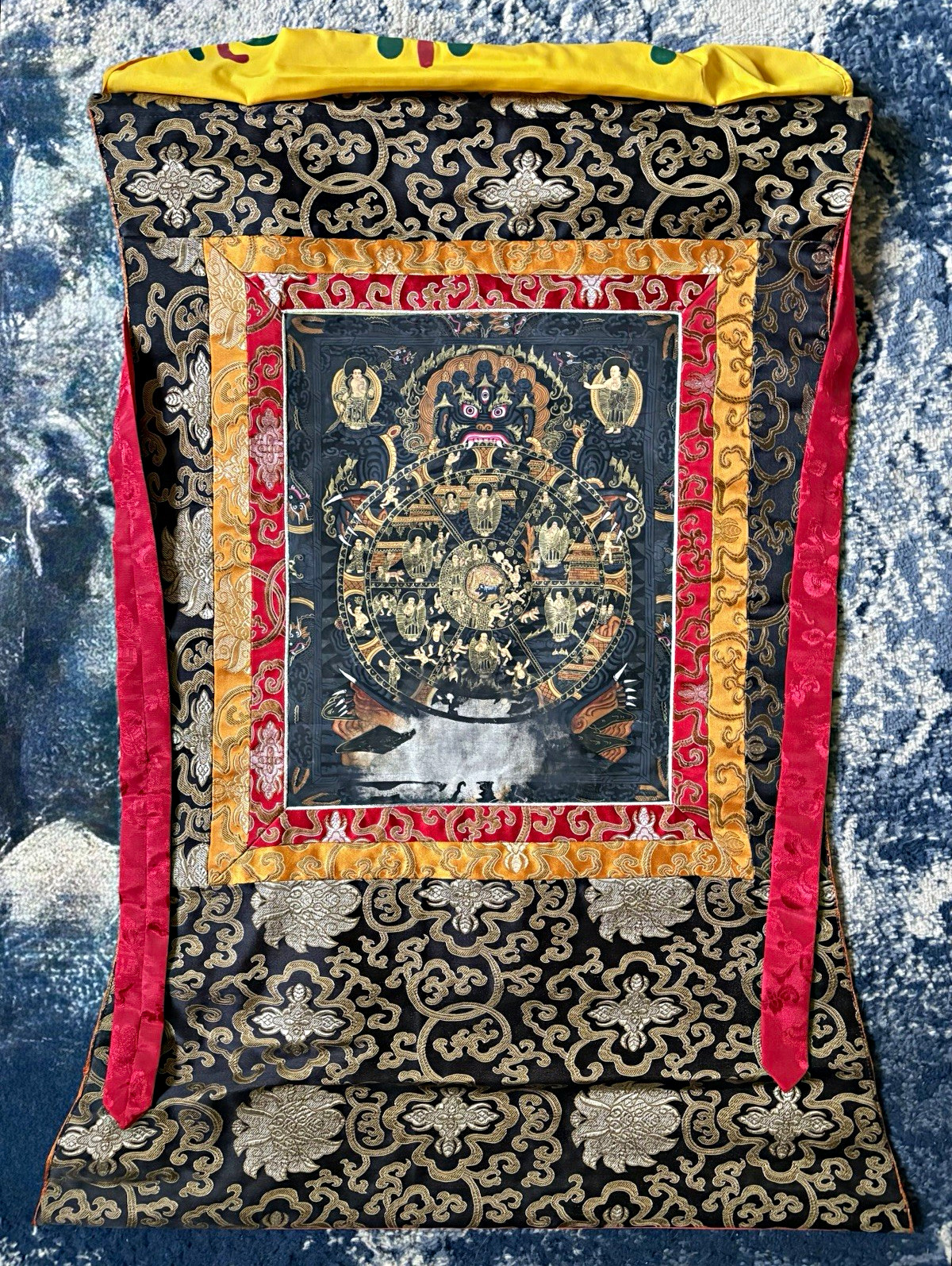 Tibetan Buddhist Thangka Painting of Mahakala w/ Silk Brocade Hanging Scroll