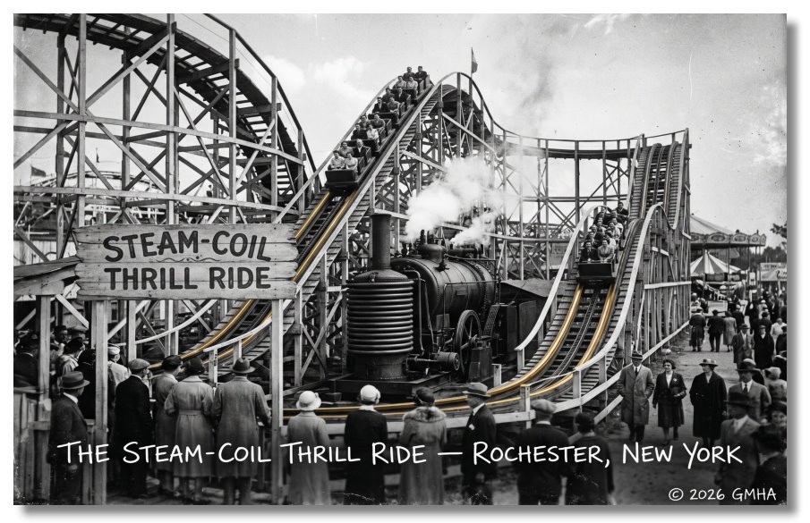 Vintage‑STYLE NEW ART 1930's RPPC-STEAM COIL THRILL RIDE-ROCHESTER NY-FAUX