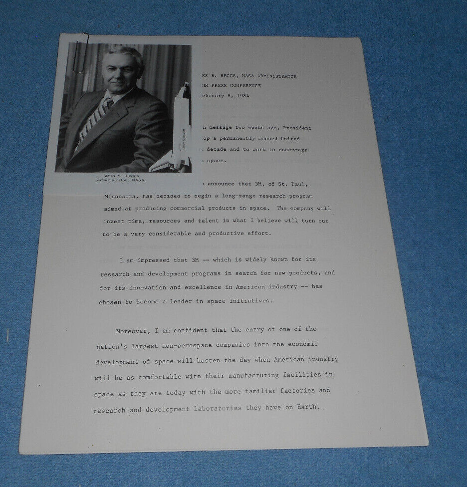 1984 NASA Admin James Beggs 3M Press Conference Statement Photo Biography