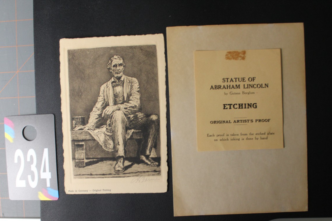 Antique etching of the Abraham Lincoln statue