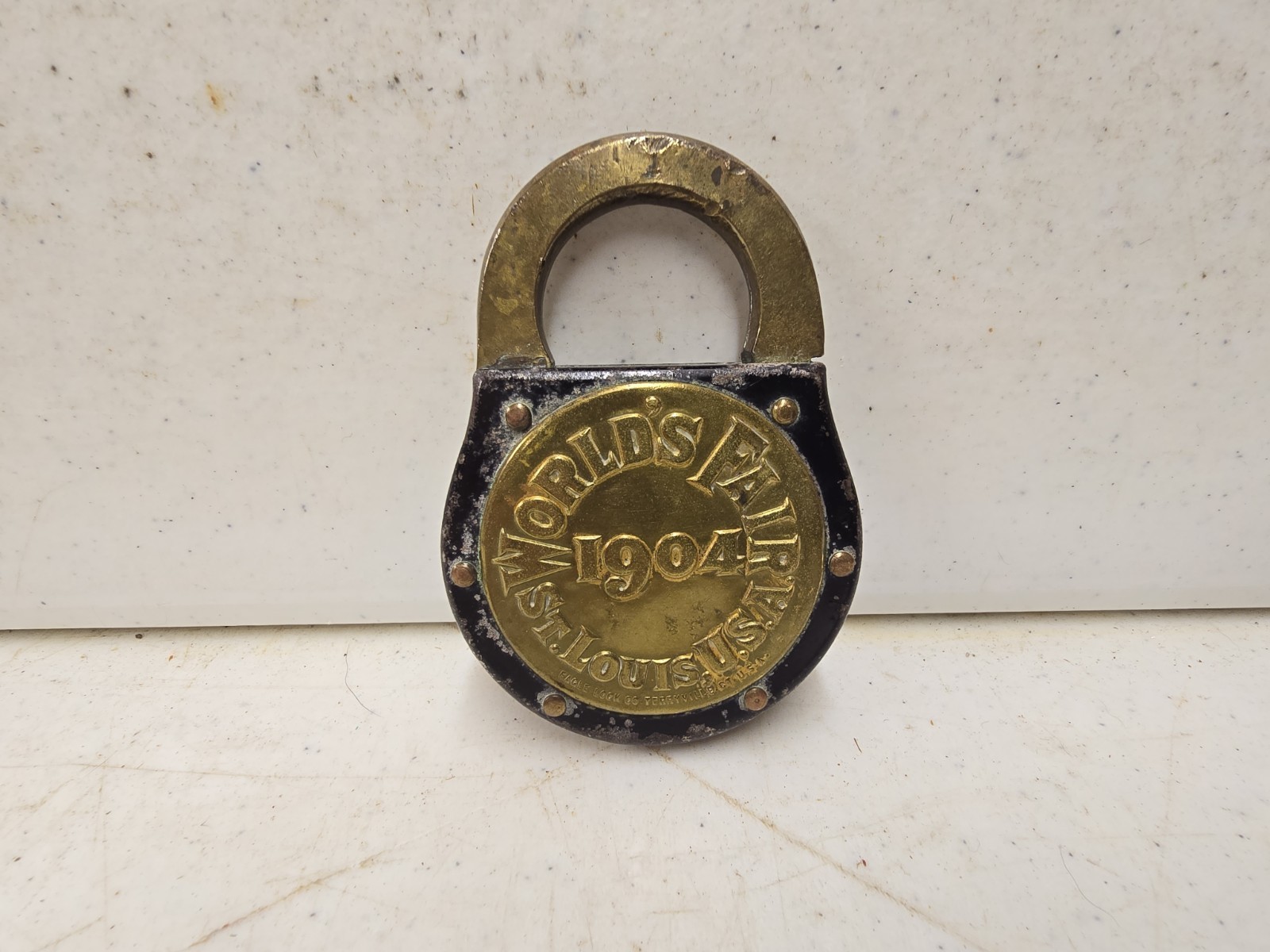 Antique 1904 Worlds Fair St Louis Eagle Lock Co Push Key Pancake Padlock