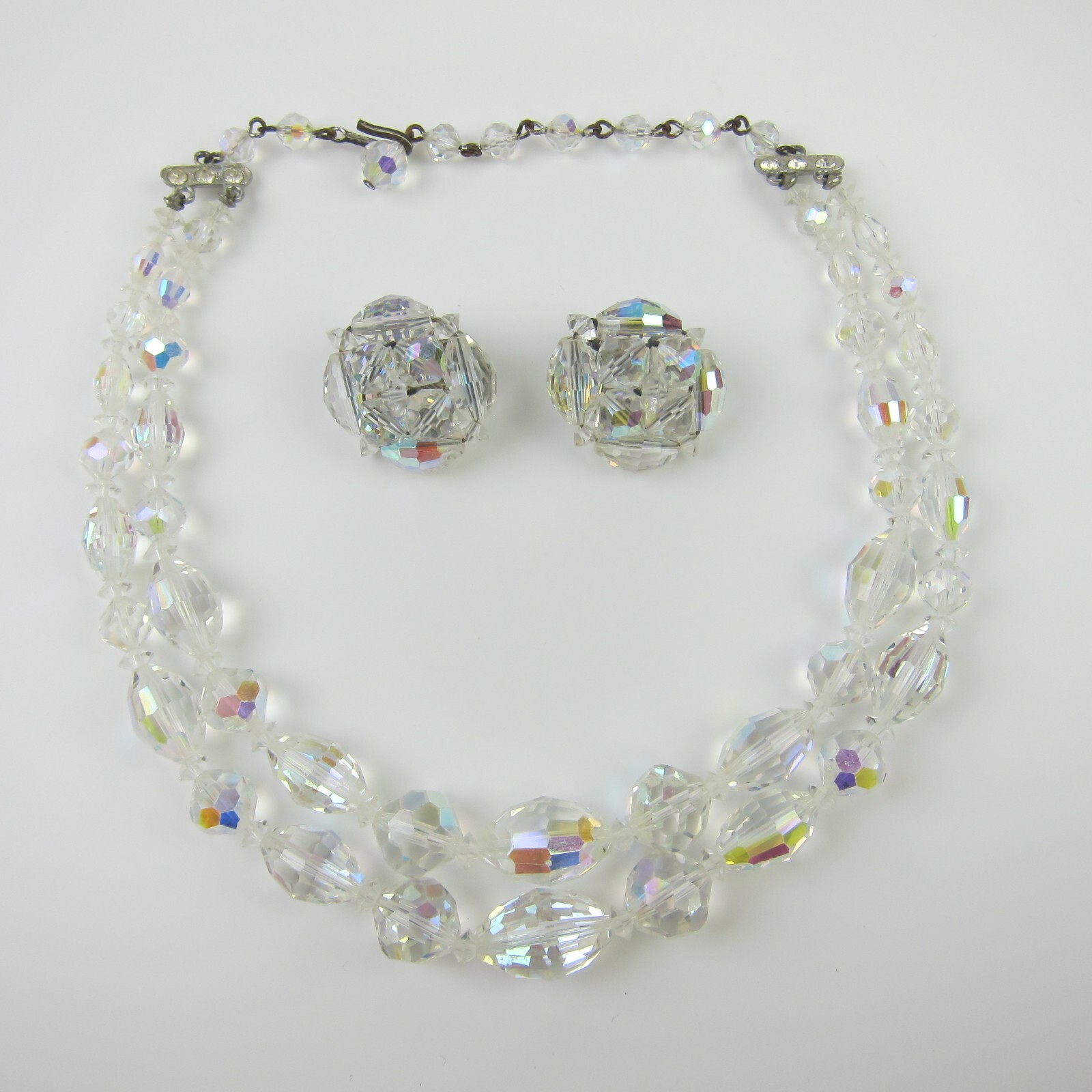 Vintage Aurora Borealis Crystal Bead Double Strand Necklace Clip On Earrings Set