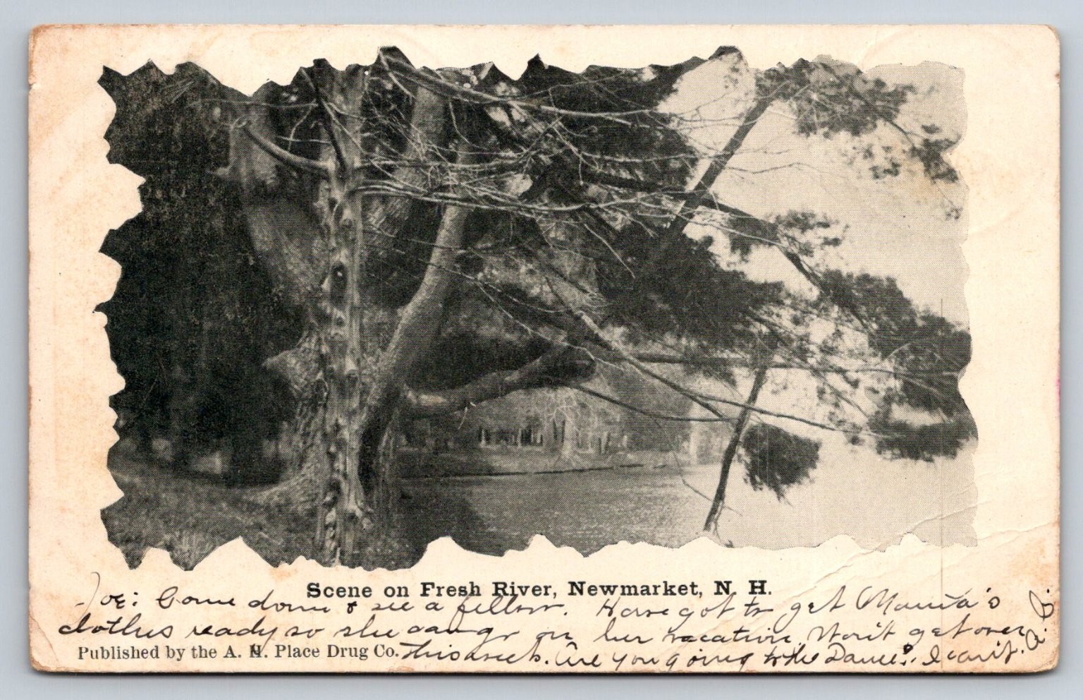 1906 Newmarket NH Fresh River Postcard A.W. Place Drug Co. Exeter PM